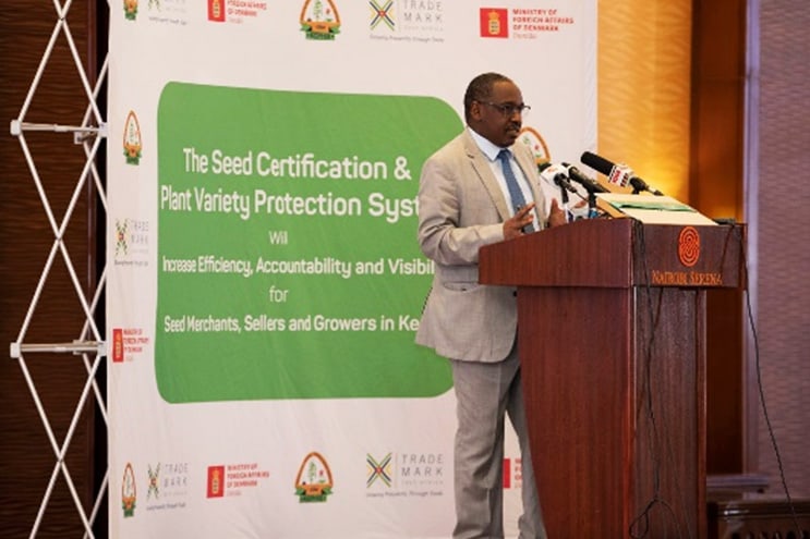 PS State Department of Crops Development and Agricultural Research Prof Hamadi Boga gives his remarks during the official launch of the automation of the seed certification and plant variety protection system